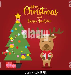Eine digitale Illustration einer niedlichen Weihnachtskarte mit einem Hirsch Stock Vektor