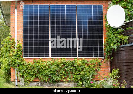 Sonnenkollektoren, die an ein Haushaus angeschlossen sind, um Platz zu sparen und grüne Energie zu produzieren. Schöner Garten mit Weinreben und Blumen wachsen. Stockfoto