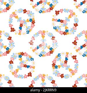 Peace Symbol floral Retro 70s Nahtloses Muster. Uhrwerkdesign im Stil der 70er Jahre Stock Vektor