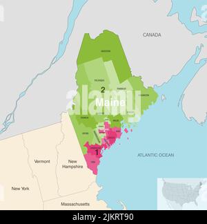 Von Kongressbezirken gefärbte Maine State Counties Vektorkarte mit benachbarten Bundesstaaten und Terrotorien Stock Vektor