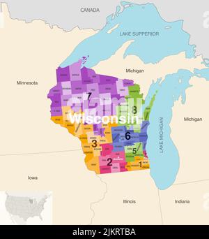 Wisconsin State Counties von Kongressbezirken farbige Vektorkarte mit benachbarten Bundesstaaten und Terrotorien Stock Vektor