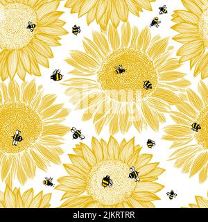 Nahtloses Muster aus Sonnenblumen und Bienen. Vektorgrafik Stock Vektor