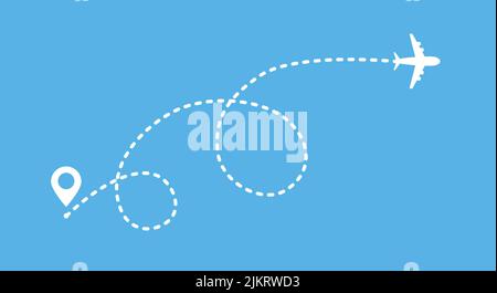 Vektorgrafik für den Linienweg des Flugzeugs. Reisevektorsymbol mit Startpunkt und Strichlinie Stock Vektor