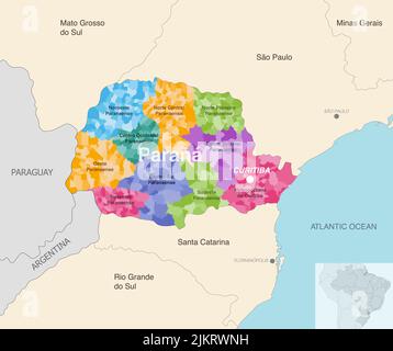 Parana-Verwaltungskarte des Bundesstaates Brasilien mit den nach Regionen farbigen Gemeinden (Mesoregionen) Stock Vektor