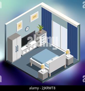 Isometrische Darstellung des Schlafzimmers auf farbigem, hellem Hintergrund mit Farbverlauf Stock Vektor