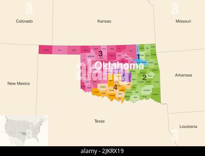 Oklahoma State Counties von Kongressbezirken farbige Vektorkarte mit benachbarten Staaten und Terrotorien Stock Vektor