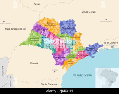 Verwaltungskarte des Bundesstaates Brasilien Sao Paulo mit Gemeinden in den einzelnen Bundesstaaten (Mesoregionen) Stock Vektor