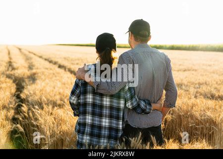Ein paar Bauern in karierten Hemden und Kappen stehen bei Sonnenuntergang auf dem landwirtschaftlichen Weizenfeld umarmt Stockfoto