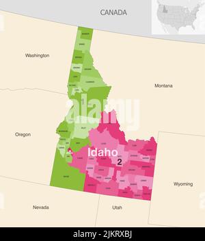 Idaho State Counties von Kongressbezirken farbige Vektorkarte mit benachbarten Staaten und Terrotorien Stock Vektor