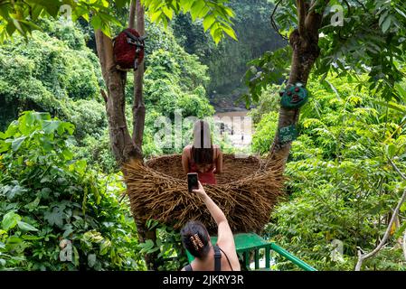 Bali, Indonesien - 25. März 2019: Rückansicht einer Frau, die eine Frau in einem großen Vogelnest mit Blick auf die Natur auf Bali fotografiert. Stockfoto
