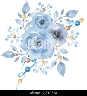 Aquarell Blumenstrauß Illustration mit blauen Blumen und Blättern, Hochzeitseinladung, Kartengestaltung, Baby Dusche Grafiken Stockfoto