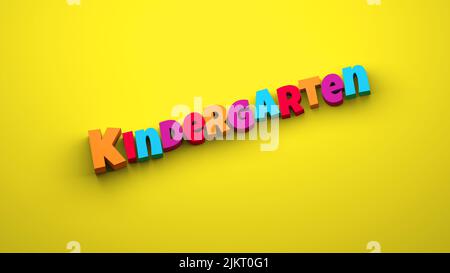 Kindergarten Text Präsentation Banner Farbe in gelb Hintergrund.3D Illustration Design Stockfoto