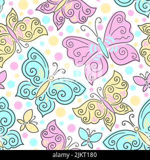 Nahtloses Muster mit lustigen Schmetterlingen. Doodle-Stil. Für Kinder Stoffdesign, Tapeten, Hintergründe, Geschenkpapier und so weiter. Vektor Stock Vektor