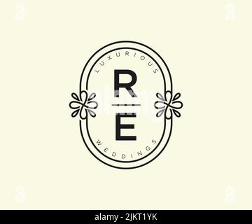 RE Initialen Brief Hochzeit Monogramm Logos Vorlage, handgezeichnete moderne minimalistische und florale Vorlagen für Einladungskarten, Save the Date, elegant Stock Vektor