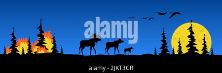 Feuer im Wald, Abend Fichtenwald, Mondaufgang, Elchfamilie, Vogelschar, Berge in der Ferne Stock Vektor