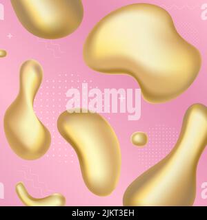 Gold Liquid Splash abstrakte Formen und leuchtende Tropfen, 3D gelb glänzende metallische Fluidtropfen blasenförmige Elemente mit goldener Schmelzoberfläche, glänzende metallische Glitzer-Figuren Formen auf rosa Hintergrund Stock Vektor