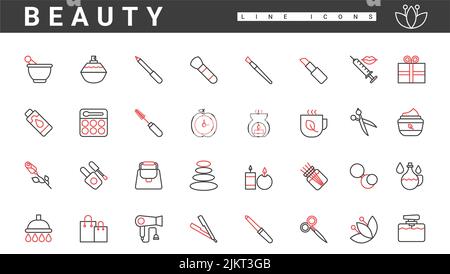 Schönheitsverfahren, Make-up und Kosmetik, dünne rote und schwarze Linien Symbole setzen Vektor-Illustration. Abstraktes Piktogramm für Hautpflege und Parfüm, Haar- und Nagelbehandlung Objekt für Kosmetiksalon Kollektion Stock Vektor
