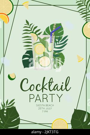 Alkoholisches Getränk im Sommer, tropischer Cocktail. Mojito. Strandparty-Konzept. Schöne Grußkarte, Einladung für Sommerfest. Flache Vektorgrafik Stock Vektor