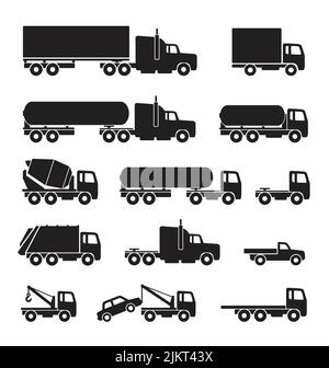 Verschiedene einfache LKW Silhouette Set Seitenansicht Symbol Vektor isoliert auf weißem Hintergrund Stock Vektor