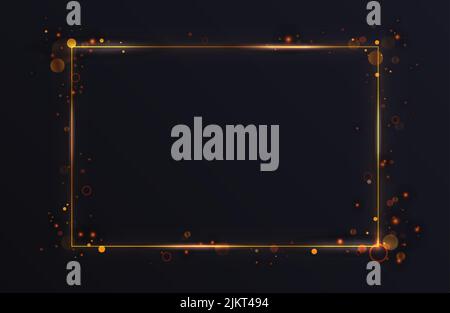 Goldener, leuchtender rechteckiger Rahmen, Vektor-Illustration mit Lichteffekt. Luxuriöse leuchtende goldene Neon-Rahmenlinien mit fliegendem abstrakten funkelnden Blitz, Lichtern und Partikeln auf schwarzem Hintergrund Stock Vektor