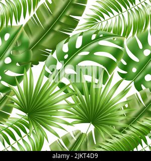 Tropisches Blätter nahtloses Muster. Exotisches grünes Palmgrün, realistische Monstera, Bananenpflanzen, 3D botanische Elemente. Dekortextilien, Geschenkpapier Stock Vektor
