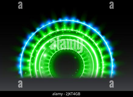 Grüner Zauberbogen. Abstrakter magischer Lichteffekt. Leuchtende Neonbogenlinien mit fliegenden Lichtern. Stock Vektor
