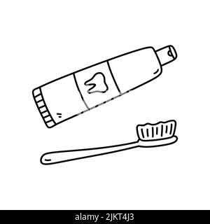 Eine Tube Zahnpasta und eine Zahnbürste auf weißem Hintergrund isoliert. Mundhygiene. Vektor-handgezeichnete Illustration im Doodle-Stil. Perfekt zur Dekoration Stock Vektor