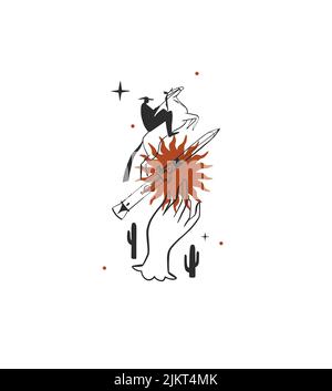 Handgezeichnete abstrakte Vektor Grafik Clipart Illustration boho Cowboy im Hut Portrait.Wild Western Design concept.Bohemian wilden Westen zeitgenössische Kunst Stock Vektor
