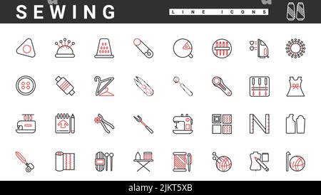 Handwerk Schneider Kit, Schneiderei Ausrüstung und Werkzeuge, Mode-Industrie dünne rote und schwarze Linie Symbole setzen Vektor-Illustration. Abstrakte Nadel und Faden, Stofftuch, Nähmaschine zum Nähen des Kleides Stock Vektor