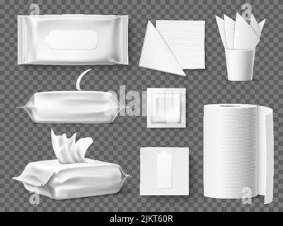 Realistische Pakete mit Feuchttüchern. Kosmetikentferner, antibakterielle und Babyhygiene, Küche blank weißen Servietten Mockups. Trocken und nass, unterschiedlich gefaltet Stock Vektor