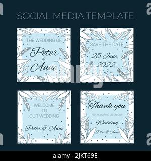 Blumenhochzeit quadratische Social-Media-Vorlage in handgezeichneter Doodle-Stil, Einladungskarte Design mit Linien Blumen und Blätter, Punkte. Vektor dekorativer Rahmen auf weißem und blauem Hintergrund. Stock Vektor