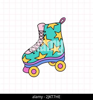 Helle Quad Roller Skate mit Sternen. Vektor handgezeichnete Doodle Illustration isoliert auf kariertem Hintergrund. Perfekt für Karten, Dekorationen, Logo Stock Vektor