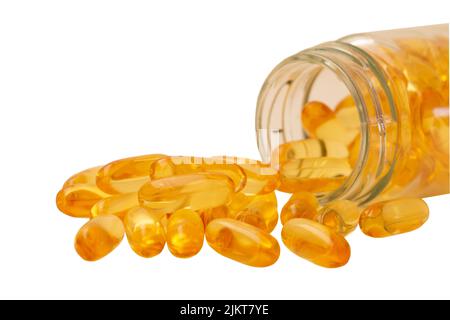 Fischöl, Omega-3- und Vitamin-D-Kapseln in Glasflasche auf weißem Hintergrund (Isolatr) Stockfoto
