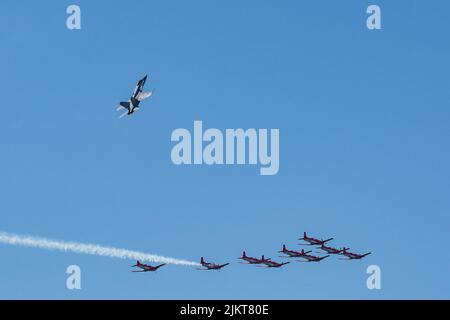 NATO Days, Ostrava, Tschechische Republik. 22.. September 2019: Schweizer Luftwaffe PC7 zeigt Team in Formation mit einem schweizer FA 18 Hornet Jet Kämpfer Stockfoto