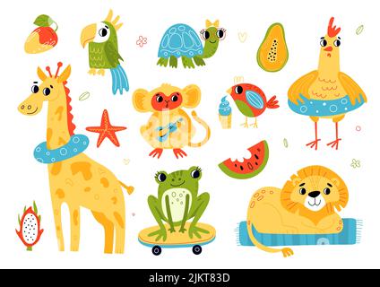 Sommerstrandtiere. Lustige Charaktere Sonnenbaden Prozess, entspannende Fauna im Urlaub, Schildkröte, Papagei und Löwe am Meer, Frosch auf dem Skateboard Stock Vektor