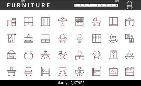 Moderne Möbel für die Innen- und Büroeinrichtung, dünne rote und schwarze Linien-Symbole setzen Vektordarstellung. Abstrakte einfache Küche, Bad, Wohnzimmer und Schlafzimmer Möbel und Dekoration Sammlung Stock Vektor