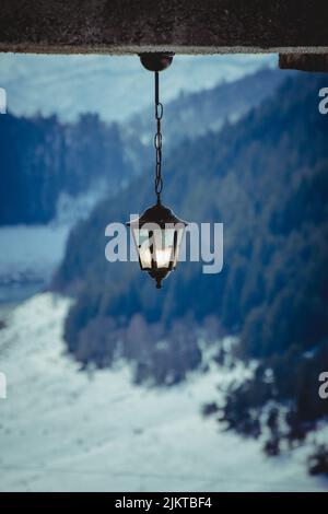 Vertikales Foto einer Lampe an der Decke und schöne Natur im verschwommenen Hintergrund gehängt Stockfoto