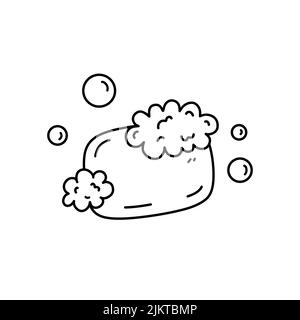 Seife mit Schaum und Blasen isoliert auf weißem Hintergrund. Ein Produkt für Körperwäsche und Körperpflege. Vektor-handgezeichnete Illustration im Doodle-Stil. Per Stock Vektor