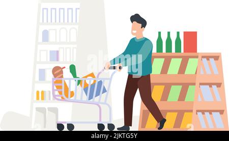 Mann im Laden mit Supermarkt-Wagen. Mann beim Einkaufen Stock Vektor