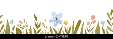 Nahtlose horizontale Grenze mit niedlichen Blumen und Blättern. Botanischer Hintergrund. Perfekt für Dekorationen, Grußkarten, Bannerdesigns. Vektorgrafik in handgezeichneter, flacher Form. Stock Vektor