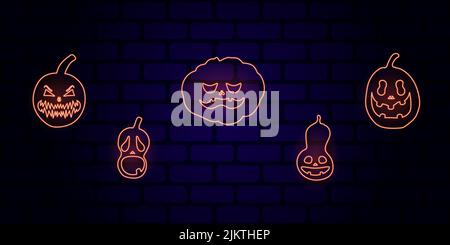 Set Halloween Kürbisse mit gruselig leuchtenden Gesichtern. Vektor flache Stil Illustration für Design Poster, Banner, Print. Stock Vektor