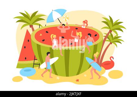 Sommer Spaß Pool Party von lustigen kleinen Menschen in riesigen Wassermelone Vektor-Illustration. Zeichentrickfiguren spielen Ball und trinken Cocktails, sonnen, schwimmen und surfen in saftiger Wassermelone im Sommer Stock Vektor