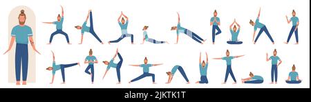 Männlicher Yoga-Trainer posiert vor, Seite und Rückansicht, Pilates Workout Set Vektor-Illustration. Cartoon lustige Ausbilder Ausbildung, aktiver Mann zeigt Asanas und Meditation auf Unterricht isoliert auf weiß Stock Vektor