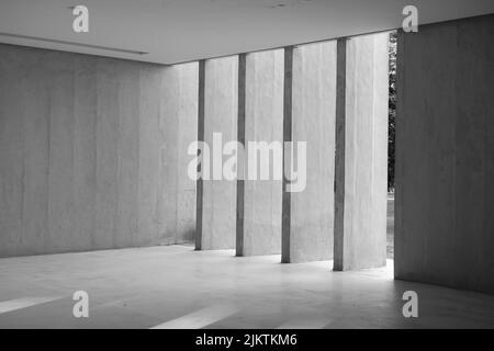 Eine Schwarz-Weiß-Aufnahme des Innenraums eines leeren Raumes Stockfoto