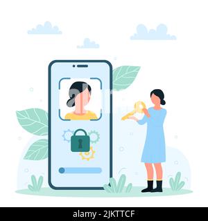 Gesichtserkennung für Telefon-, ID- und Privatsphärendarstellung. Cartoon kleine Frau mit Schlüssel auf dem Bildschirm des Smartphones zu sperren, um Benutzerkonto mit persönlichen Informationen zugreifen, mobile Anwendung Stock Vektor