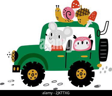 Waldtiere, die im grünen Offroad-Auto unterwegs sind. Niedliches Kindermotiv Stock Vektor