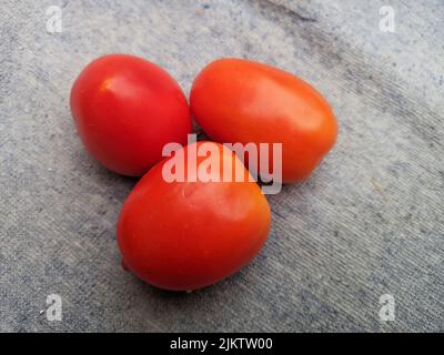 Reife rote Tomaten im Weidenkorb, frische Tomaten, Tomaten im Holzkorb in Indien, Kichen verwendet Obst Gemüse, Tomaten im Korb, rote Tomaten Stockfoto