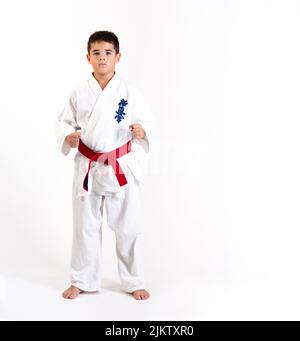 Karate Junge in fudo dachi Position auf weißem Hintergrund. Mit dem Wort kyokushinkai im Hintergrund. Was bedeutet: Die letzte Wahrheit verbunden. Stockfoto