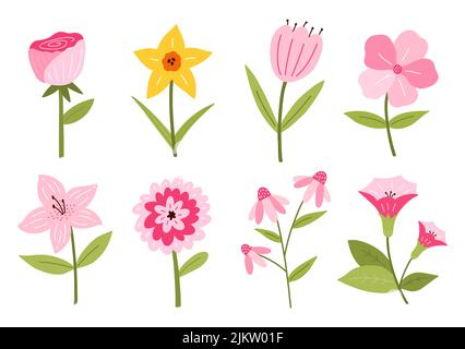 Set von verschiedenen niedlichen Blumen isoliert auf weißem Hintergrund. Vektorgrafik in handgezeichneter, flacher Form. Perfekt für Karten, Logo, Dekorationen, Frühjahr und Sommer Designs. Botanischer Clipart. Stock Vektor