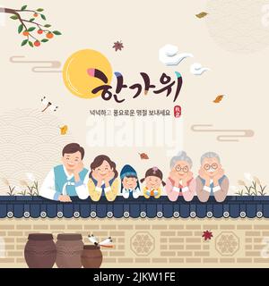 Koreanisches Erntedankfest-Design. Große Familie in hanbok, traditioneller Zaun, frohe Feiertage. Thanksgiving, Frohe Feiertage, Koreanische Übersetzung. Stock Vektor